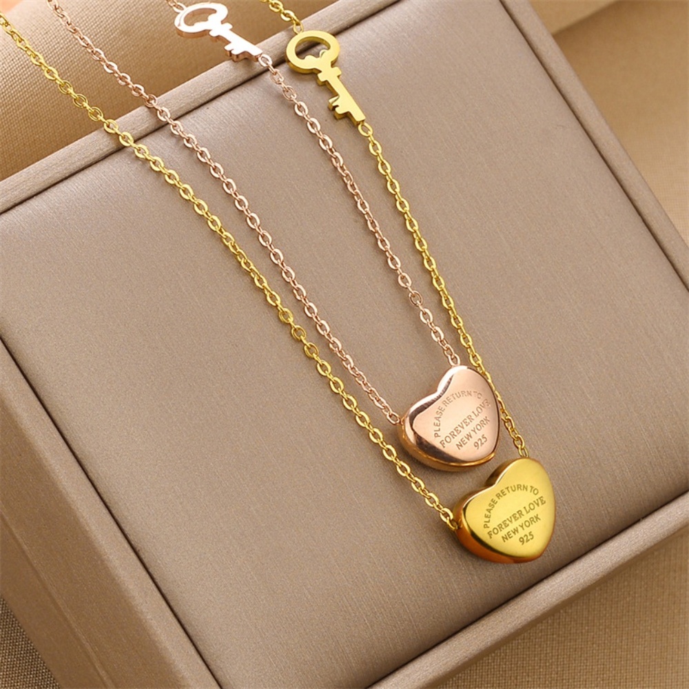 18KT Gold Forever Love Heart Key Necklace Gold & Rose Gold - Picture 2 of 5